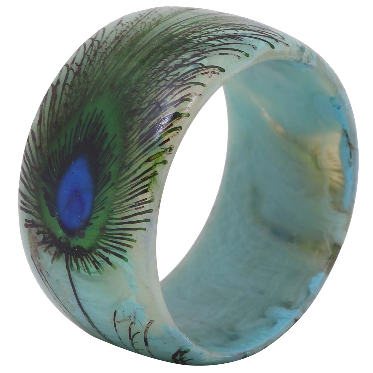 Bulk Wholesale Round & Broad Acrylic Cuff Bangle - Wholesale Handmade Bangle with a Peacock Feather Motif - Women Fashion Jewelry & Accessories