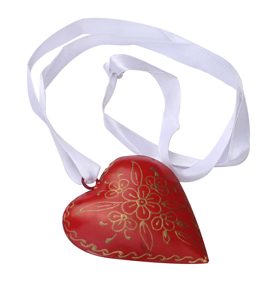 Bulk Wholesale Handmade Red Color Hanging Heart in Metal – Decorated with Floral Patterns in Golden Color – Wall Décor – Unique Gifts from India – Christmas Decorations