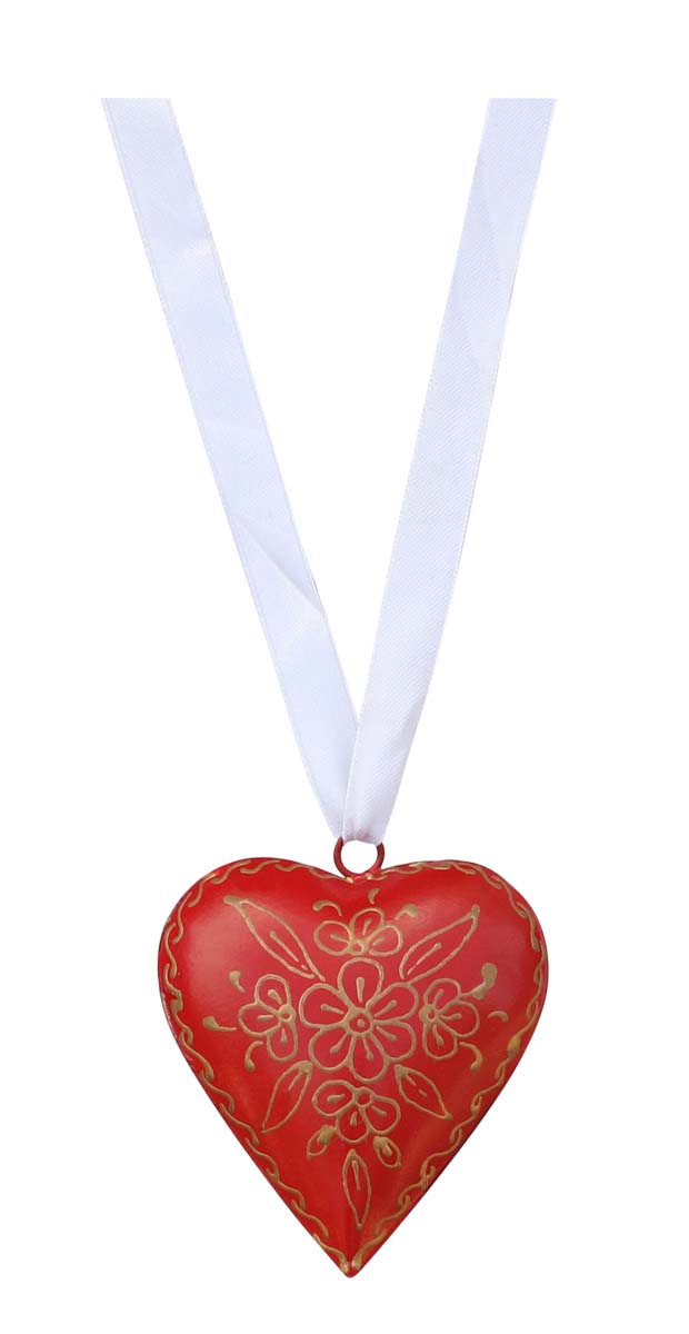 Bulk Wholesale Handmade Red Color Hanging Heart in Metal – Decorated with Floral Patterns in Golden Color – Wall Décor – Unique Gifts from India – Christmas Decorations