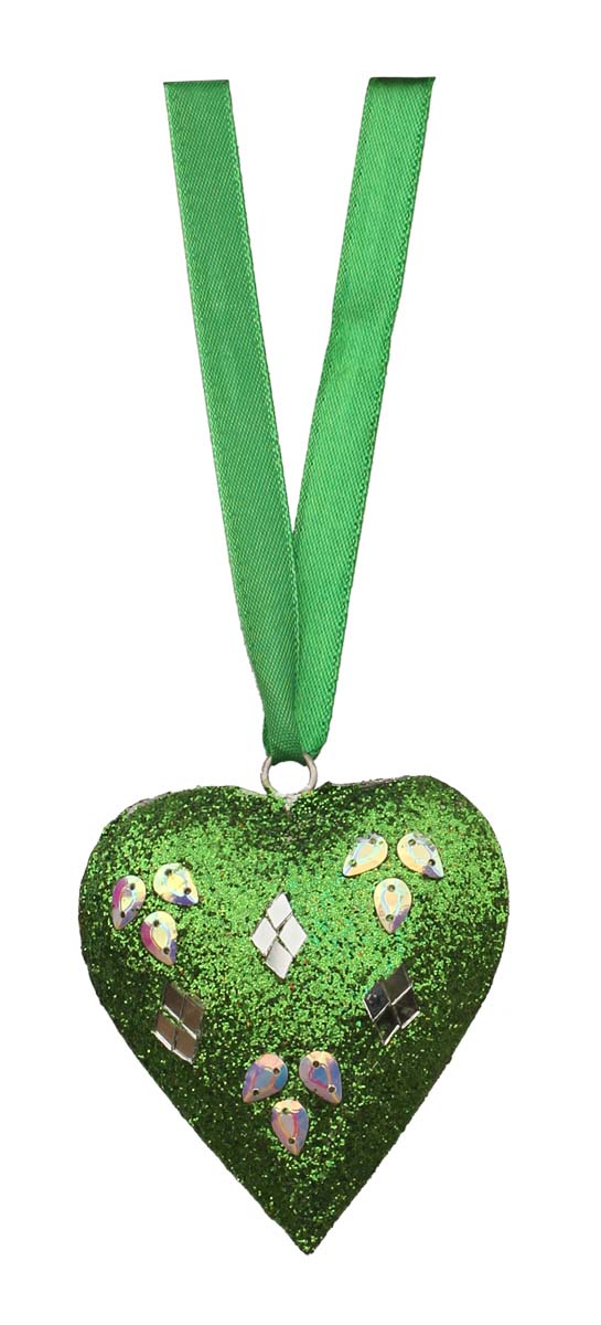 Bulk Wholesale Handmade Glittering Green Hanging Heart in Metal – Adorned with Mirrors & Stones – Wall Décor – Unique Gifts from India – Christmas Decorations