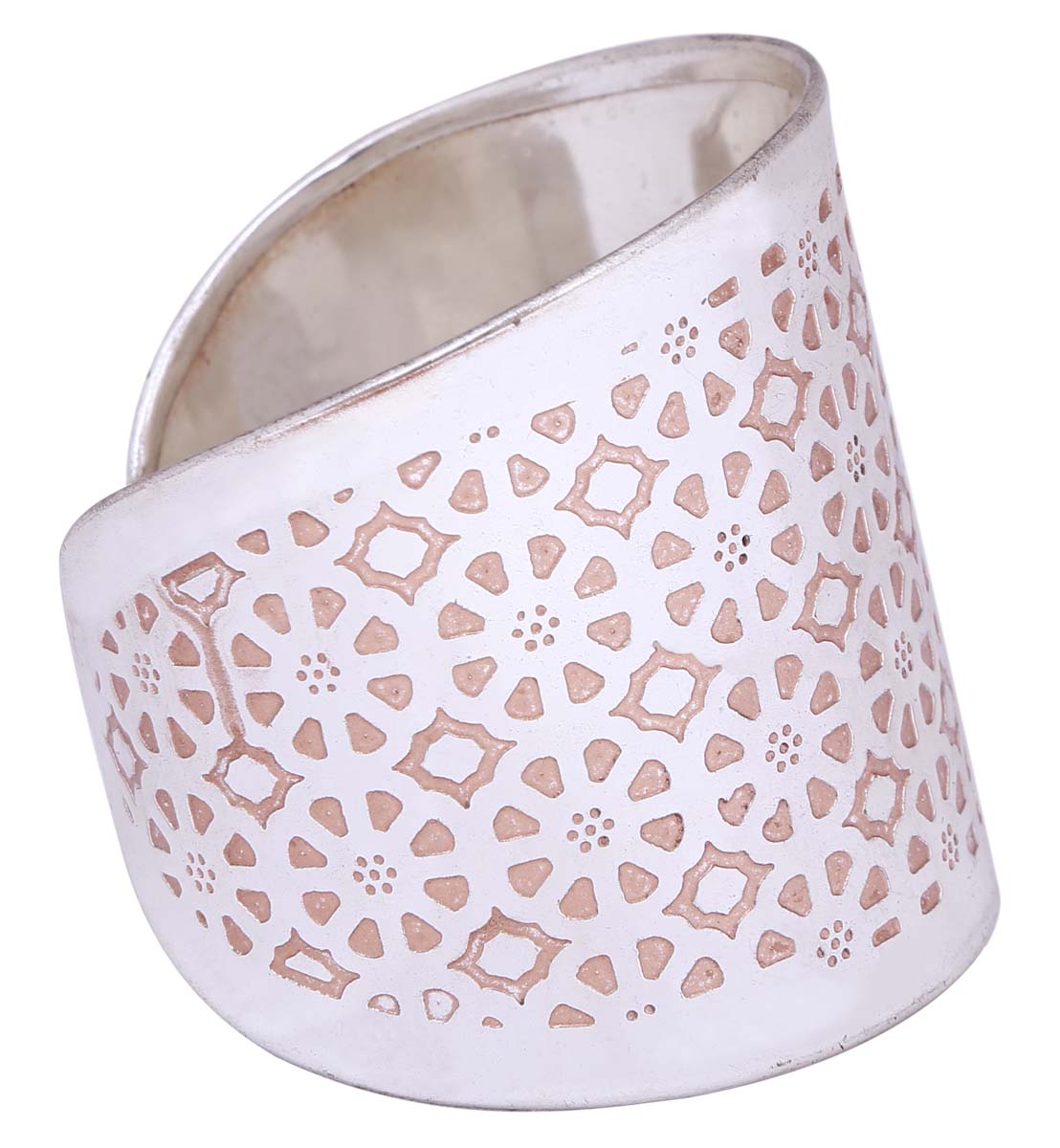 Wholesale Wide Open End Cuff Brass Bracelet in Bulk - Adjustable - Silver-Tone & Peach Enamelled in Etched Details - Stylish Women Fashion Jewelry & Accessories