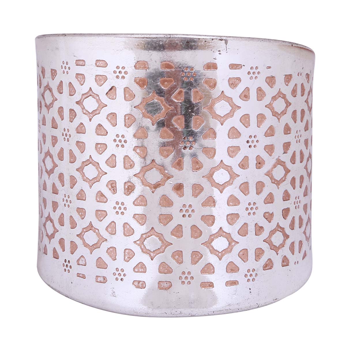 Wholesale Wide Open End Cuff Brass Bracelet in Bulk - Adjustable - Silver-Tone & Peach Enamelled in Etched Details - Stylish Women Fashion Jewelry & Accessories