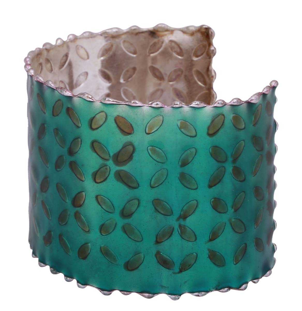Wide Open End Cuff Brass Bracelet in Bulk - Wholesale in Metal with Green & Silver Color Bracelet/Bangle Adorned with Geometric Floral Pattern - Stylish Women Fashion Jewelry & Accessories