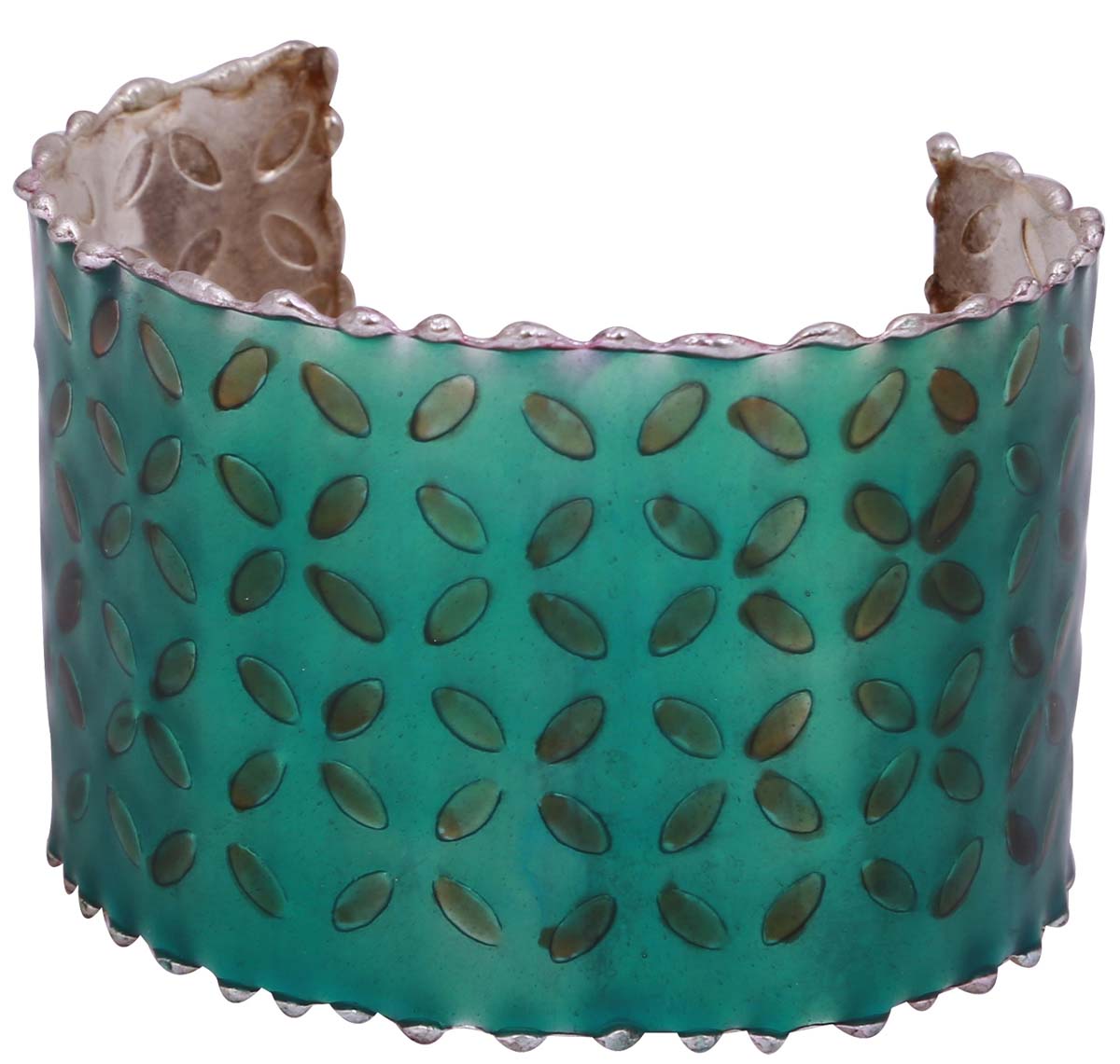 Wide Open End Cuff Brass Bracelet in Bulk - Wholesale in Metal with Green & Silver Color Bracelet/Bangle Adorned with Geometric Floral Pattern - Stylish Women Fashion Jewelry & Accessories