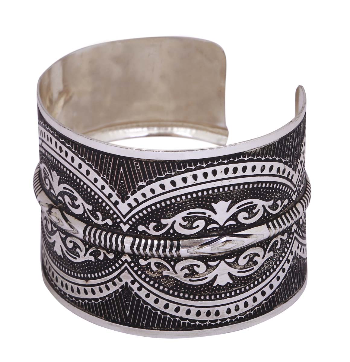 Wholesale Open End Cuff Brass Bracelet - Bulk Buy Metal Bracelet/Bangle Decorated with Traditional Motifs in Black & White Colors - Women Fashion Jewelry & Accessories