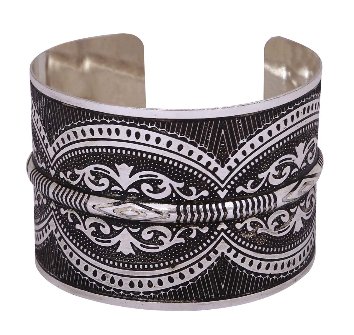 Wholesale Open End Cuff Brass Bracelet - Bulk Buy Metal Bracelet/Bangle Decorated with Traditional Motifs in Black & White Colors - Women Fashion Jewelry & Accessories