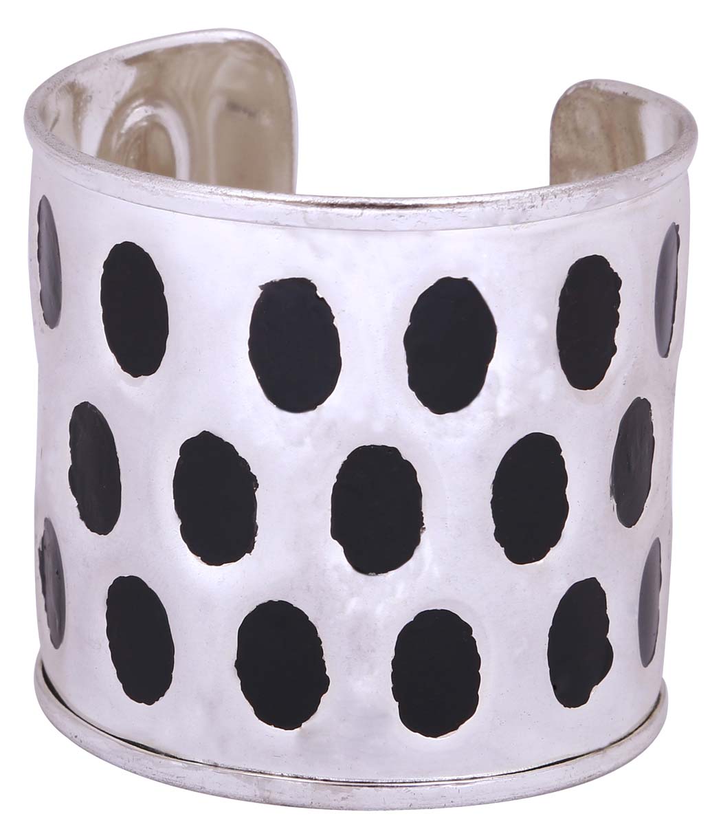 Open End Cuff Metal Bracelet in Bulk - Wholesale Handmade Bracelet/Bangle with Silver Finish - Decorated with Black Oval Shaped Patterns - Women Fashion Jewelry & Accessories from India