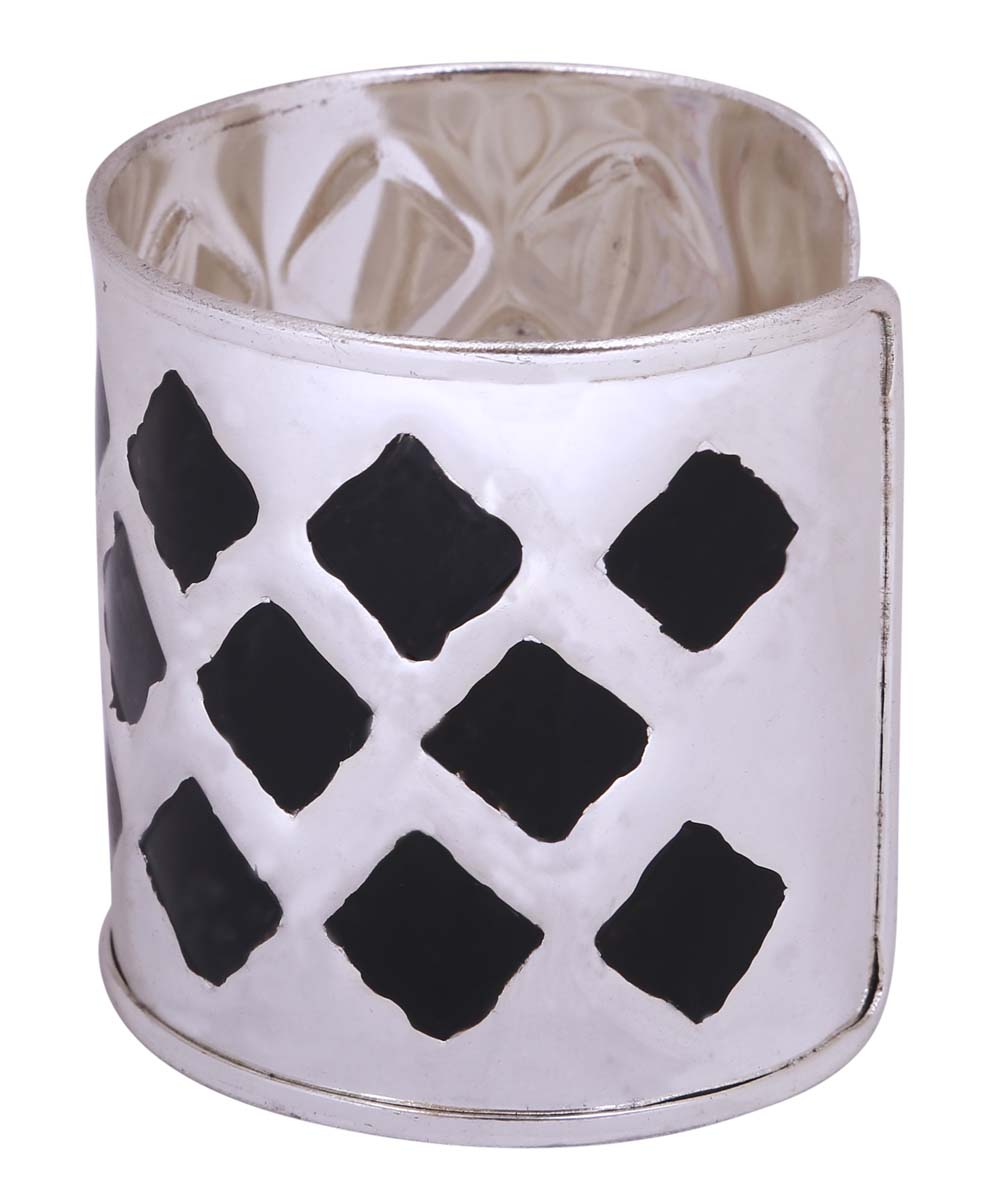 Bulk Buy Open End Cuff Bracelet in Silver Finish - Wholesale Handmade Bracelet/Bangle Decorated with Black Diamond Shaped Patterns - Women Fashion Jewelry & Accessories from India