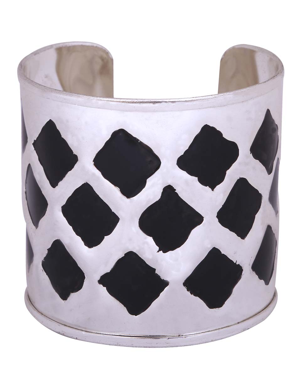 Bulk Buy Open End Cuff Bracelet in Silver Finish - Wholesale Handmade Bracelet/Bangle Decorated with Black Diamond Shaped Patterns - Women Fashion Jewelry & Accessories from India