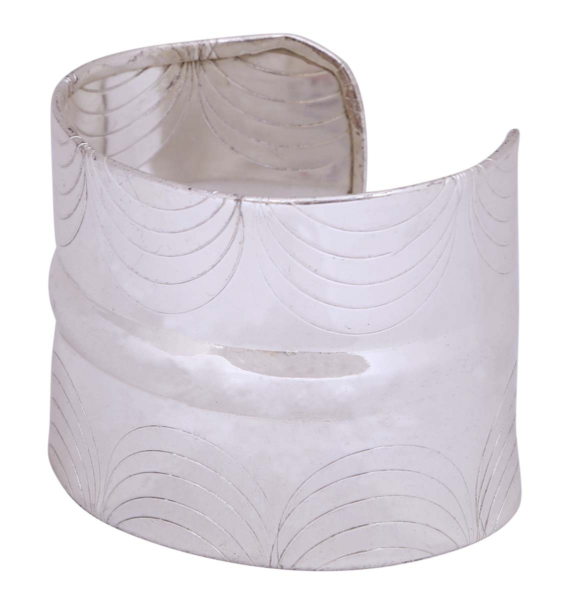 Bulk Buy Open End Cuff Bracelet with Silver Finish & White Color - Wholesale Handmade Bracelet/Bangle Decorated with Etched Curvy Lines Patterns - Women Fashion Jewelry & Accessories from India