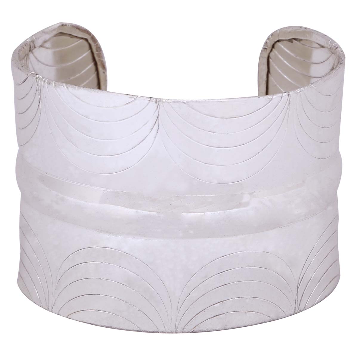 Bulk Buy Open End Cuff Bracelet with Silver Finish & White Color - Wholesale Handmade Bracelet/Bangle Decorated with Etched Curvy Lines Patterns - Women Fashion Jewelry & Accessories from India
