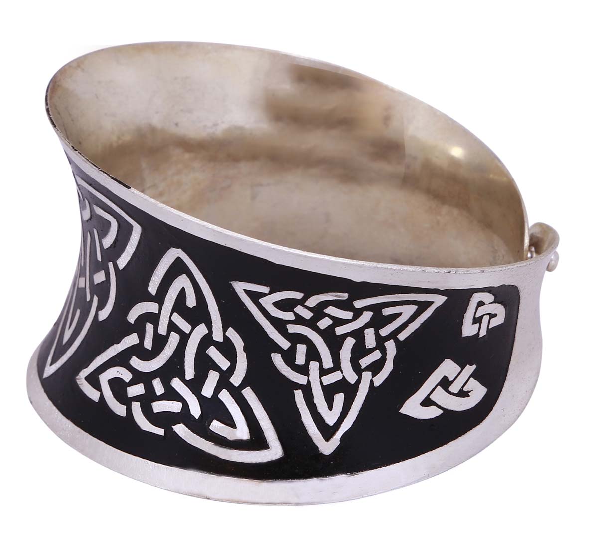 Wholesale Solid Brass Concave Cuff Bracelet - Silver-Tone & Black With Etched Celtic Triquetra Motifs - Buy Bulk Women Fashion Jewelry & Accessories