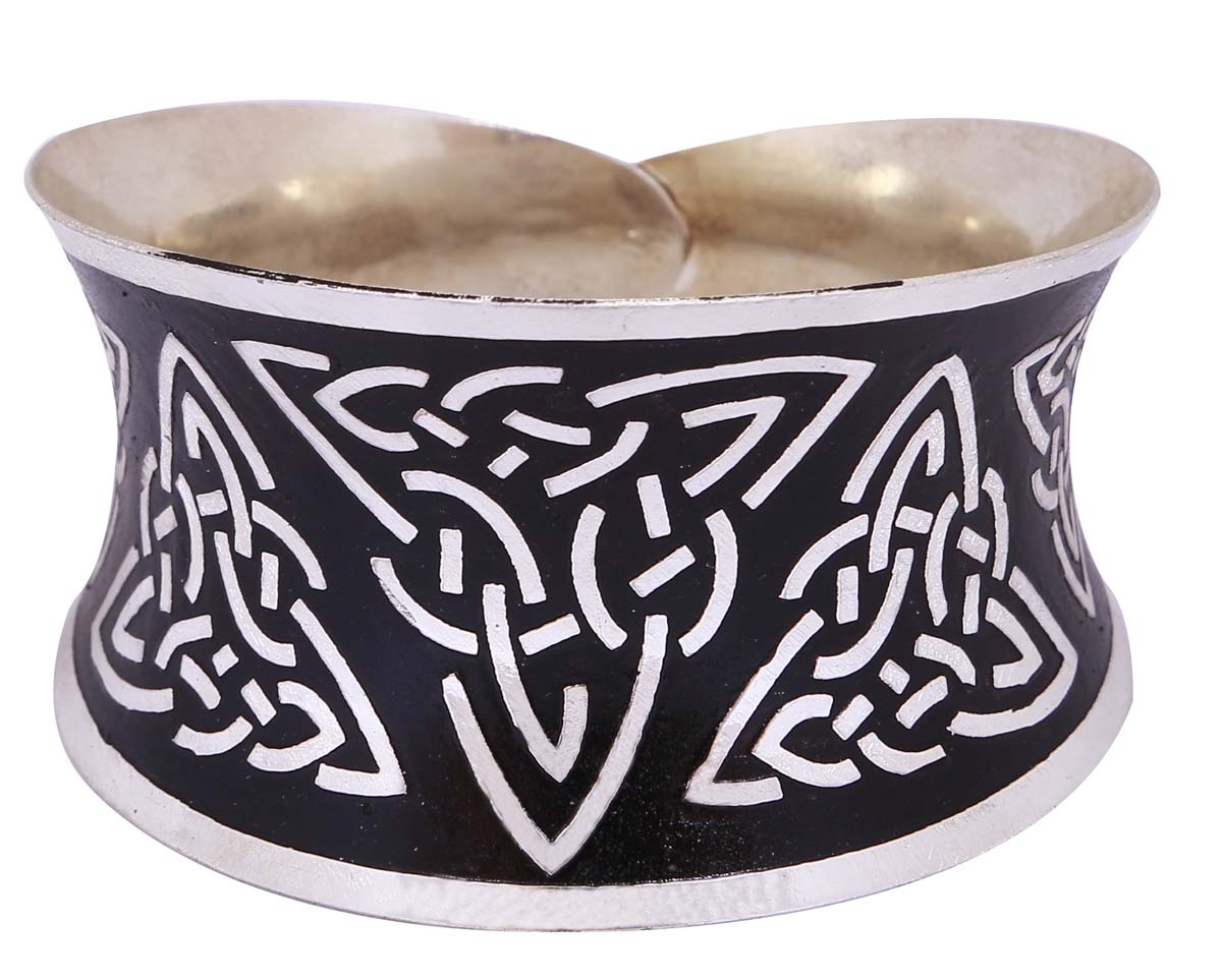 Wholesale Solid Brass Concave Cuff Bracelet - Silver-Tone & Black With Etched Celtic Triquetra Motifs - Buy Bulk Women Fashion Jewelry & Accessories