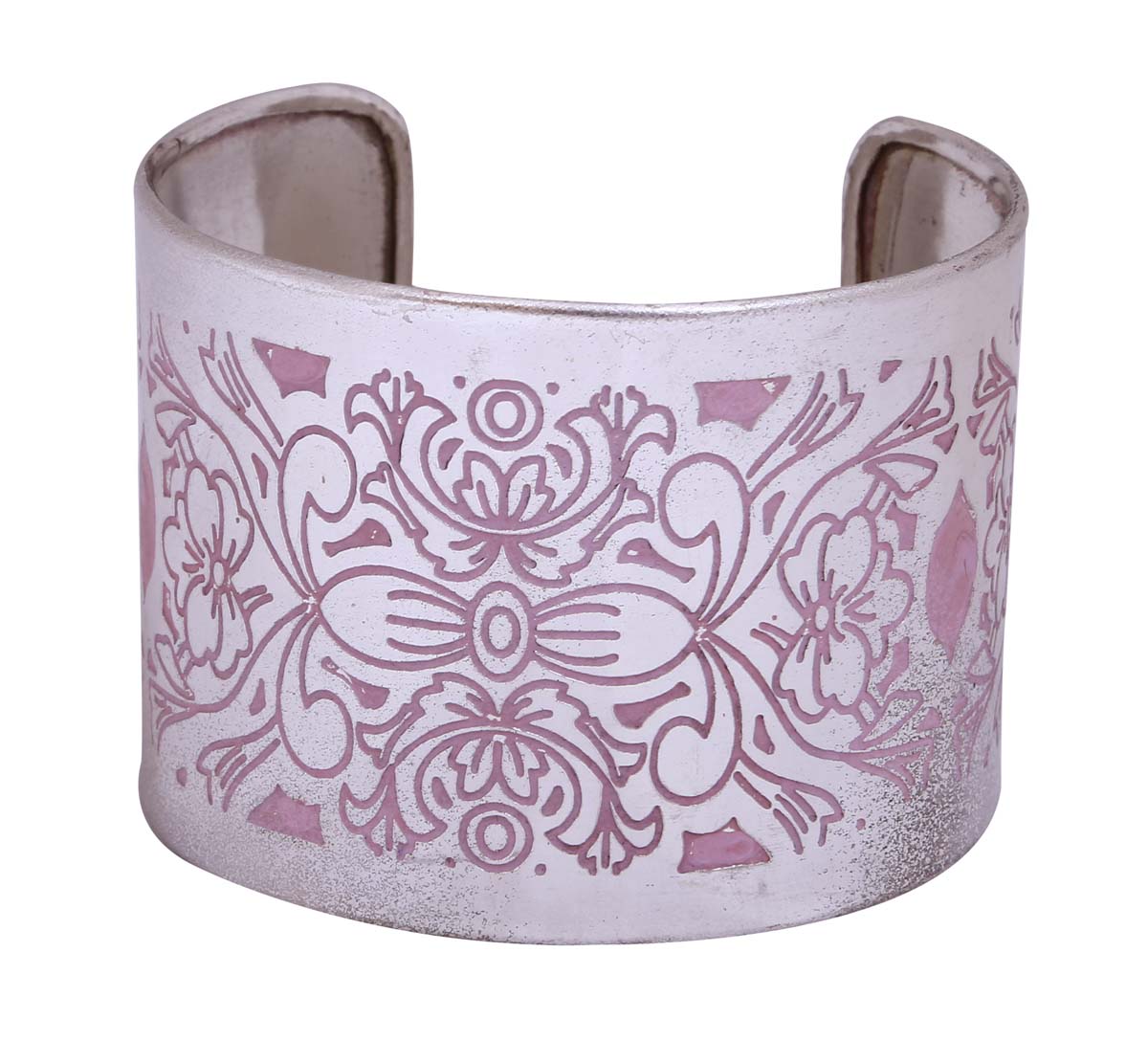 Bulk Buy Open End Cuff Metal Bracelet - Wholesale Handmade Bracelet/Bangle with Silver Finish & White Color - Decorated with Floral Patterns in Pink Color - Women Fashion Jewelry & Accessories from India