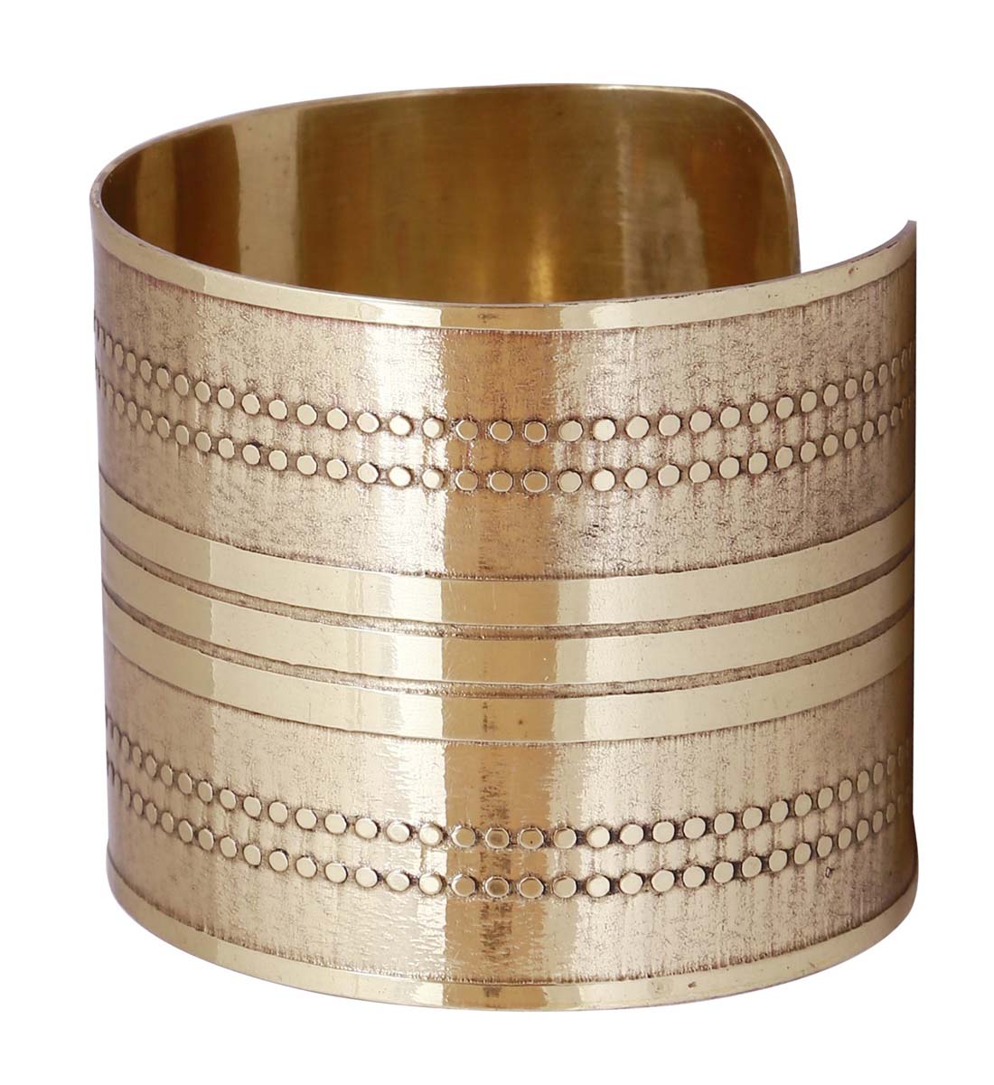 Wholesale Open End Cuff Brass Bracelet - Bulk Buy Metal Golden Finish Bracelet/Bangle Decorated with Dotted Patterns & Triple Lines in the Center - Women Fashion Jewelry & Accessories