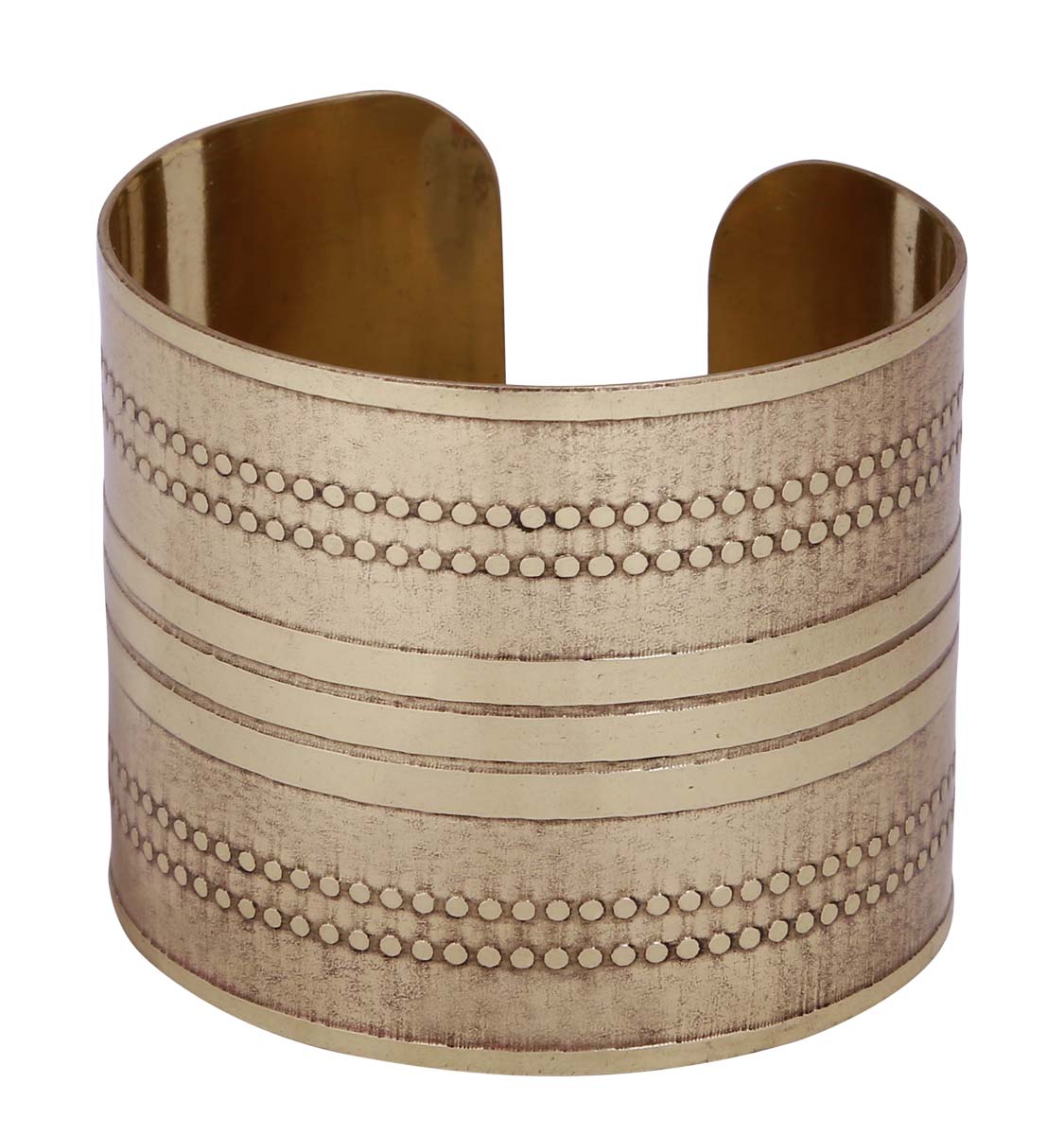 Wholesale Open End Cuff Brass Bracelet - Bulk Buy Metal Golden Finish Bracelet/Bangle Decorated with Dotted Patterns & Triple Lines in the Center - Women Fashion Jewelry & Accessories