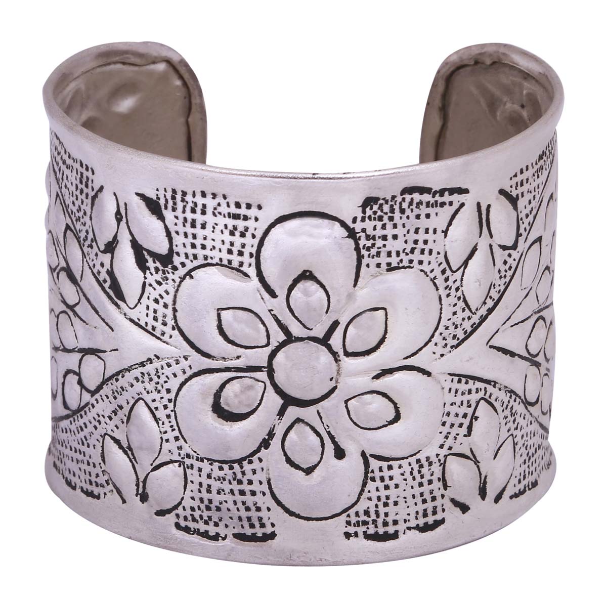 Silver Color Open End Cuff Metal Bracelet in Bulk - Wholesale Handmade Bracelet/Bangle with Floral Patterns - Antique Look Women Fashion Jewelry & Accessories from India