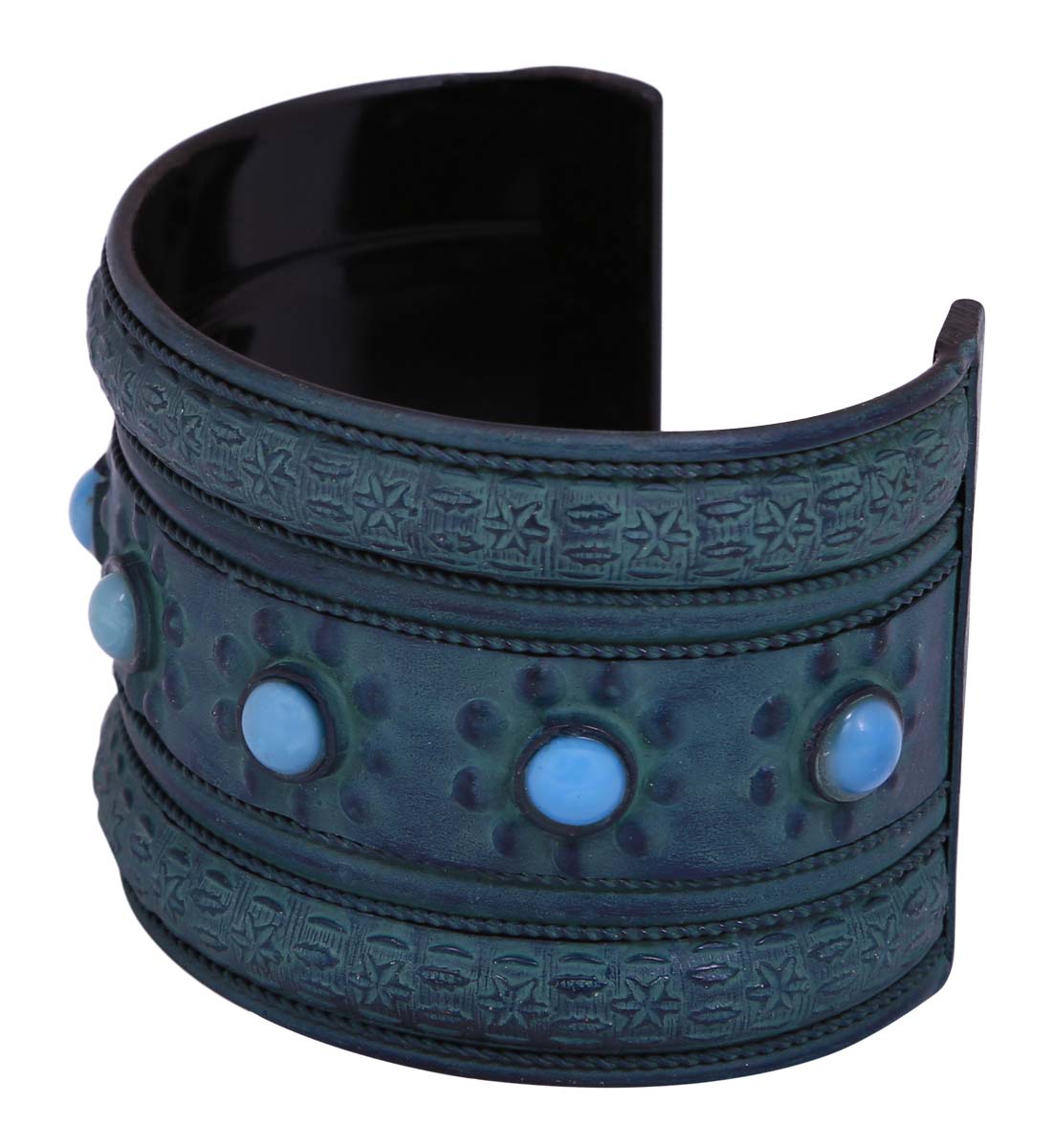 Bulk Wholesale Adjustable Wide Open End Cuff Metal Bracelet/Bangle - Finished in Blackish Blue Color & Adorned with Blue Color Stones - Women Fashion Jewelry & Accessories from India