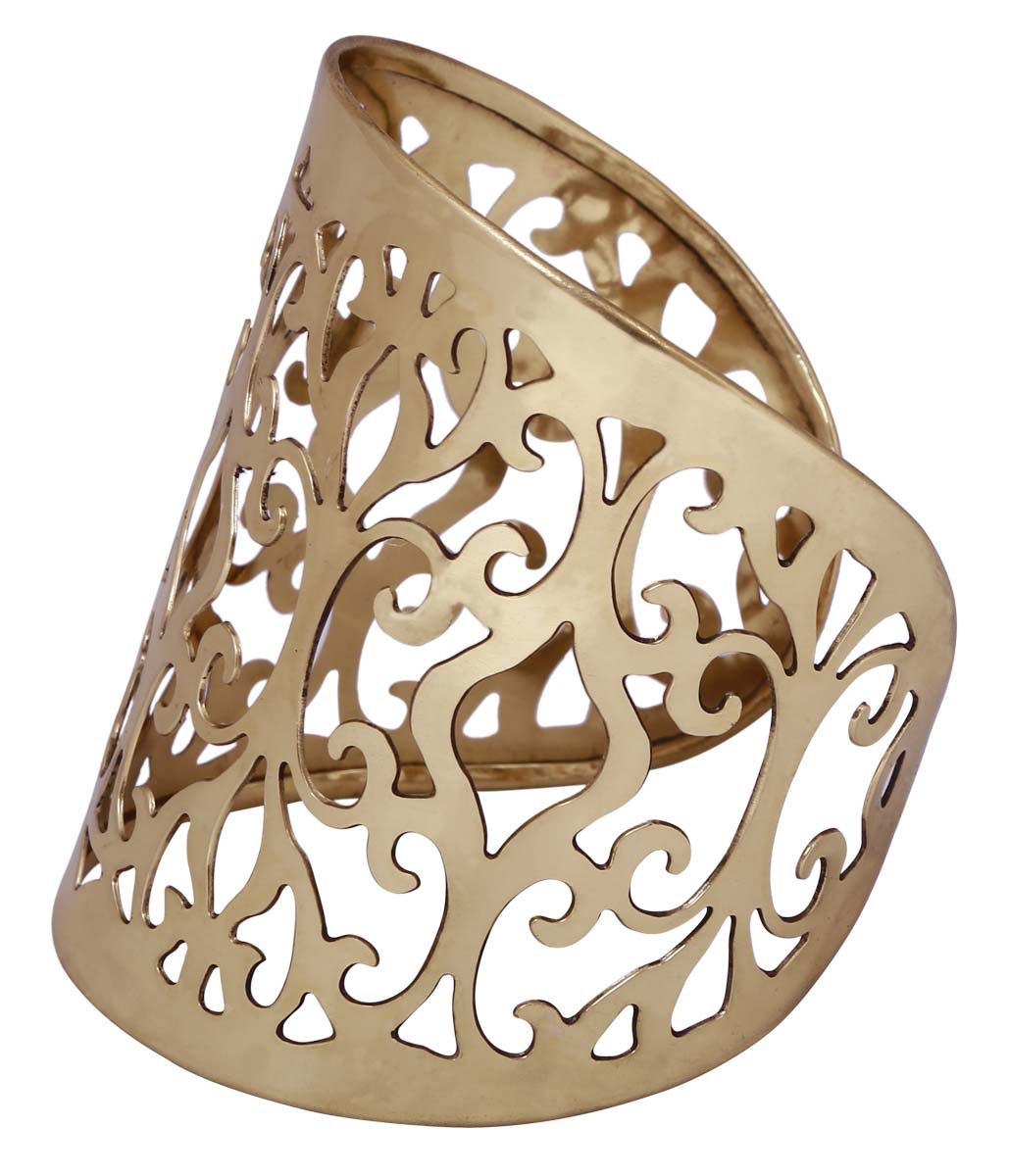 Bulk Wholesale Adjustable Wide Open End Cuff Brass Bracelet - Golden Tone Finish - Vine Pattern Open-Work Art - Women Fashion Jewelry & Accessories