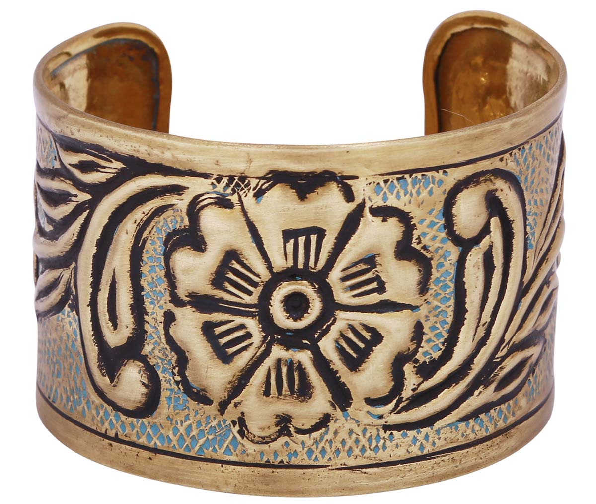 Bulk Wholesale Adjustable Wide Open End Cuff Metal Bracelet/Bangle - Golden Color Bracelet/Bangle with Floral Patterns - Women Fashion Jewelry & Accessories from India