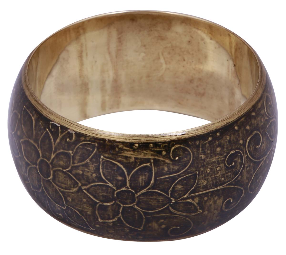 Bulk Buy Broad Bangle in Metal - Wholesale Handmade Bracelet/Bangle in Metal with Darkened Finish on the Outer Side & Golden Finish Inside Decorated with Floral Motifs - Women Fashion Jewelry & Accessories from India