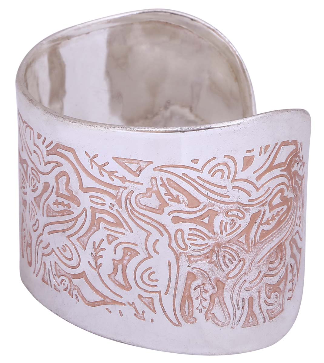 Wholesale Open End Cuff Bracelet/Bangle in Bulk - Wholesale Bracelet/Bangle in Metal with Silver Color Finish - Decorated with Intricate Patterns in Peach Color on a White Base - Stylish Women Fashion Jewelry & Accessories