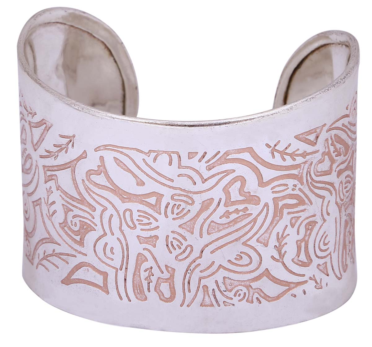 Wholesale Open End Cuff Bracelet/Bangle in Bulk - Wholesale Bracelet/Bangle in Metal with Silver Color Finish - Decorated with Intricate Patterns in Peach Color on a White Base - Stylish Women Fashion Jewelry & Accessories