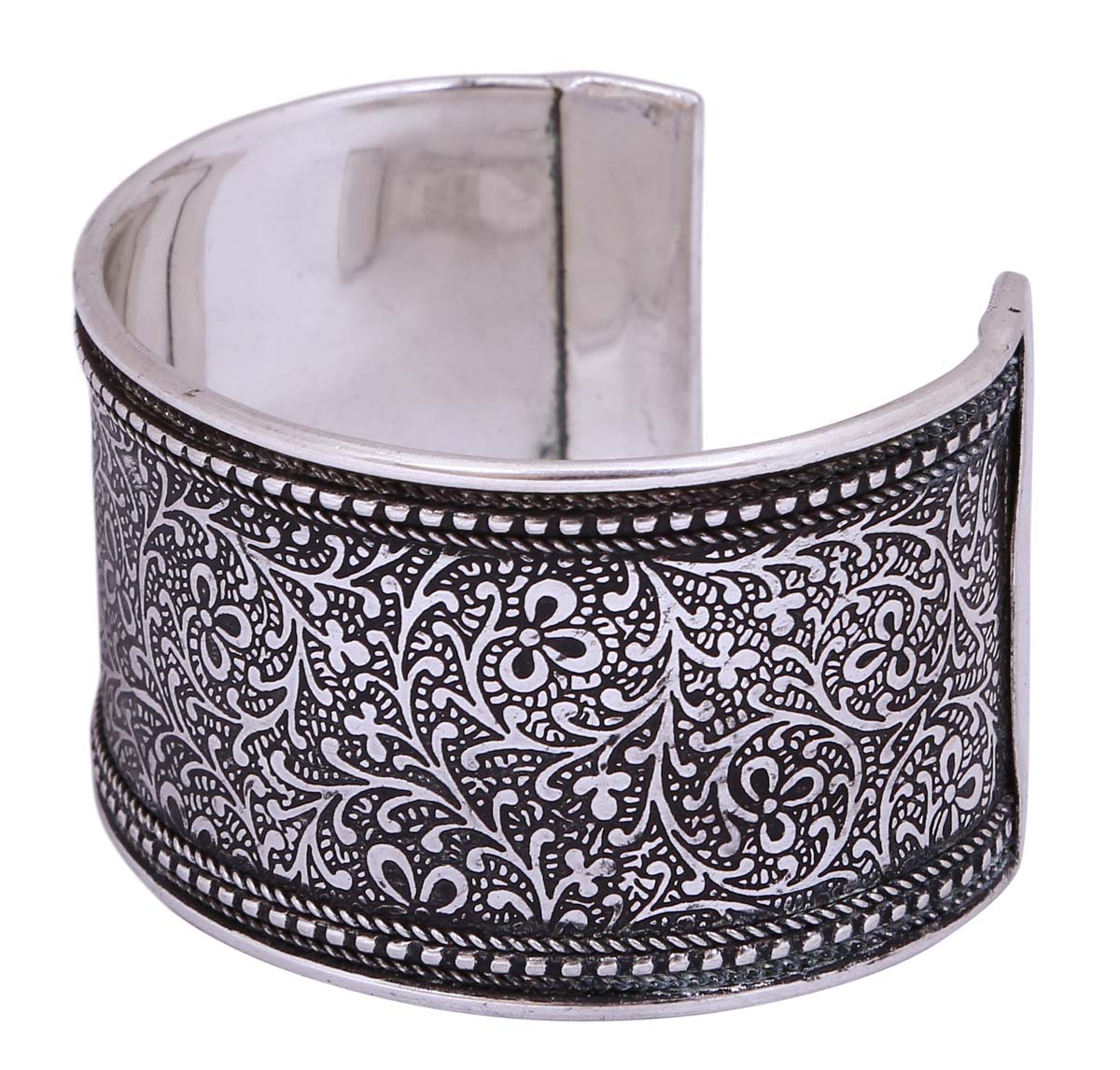 Bulk Wholesale Handmade Cuff Bracelet/Bangle in Metal with Open End Design - Decorated with Motifs in Silver Color on a Black Base - Antique-Look Fashion Bracelet from India