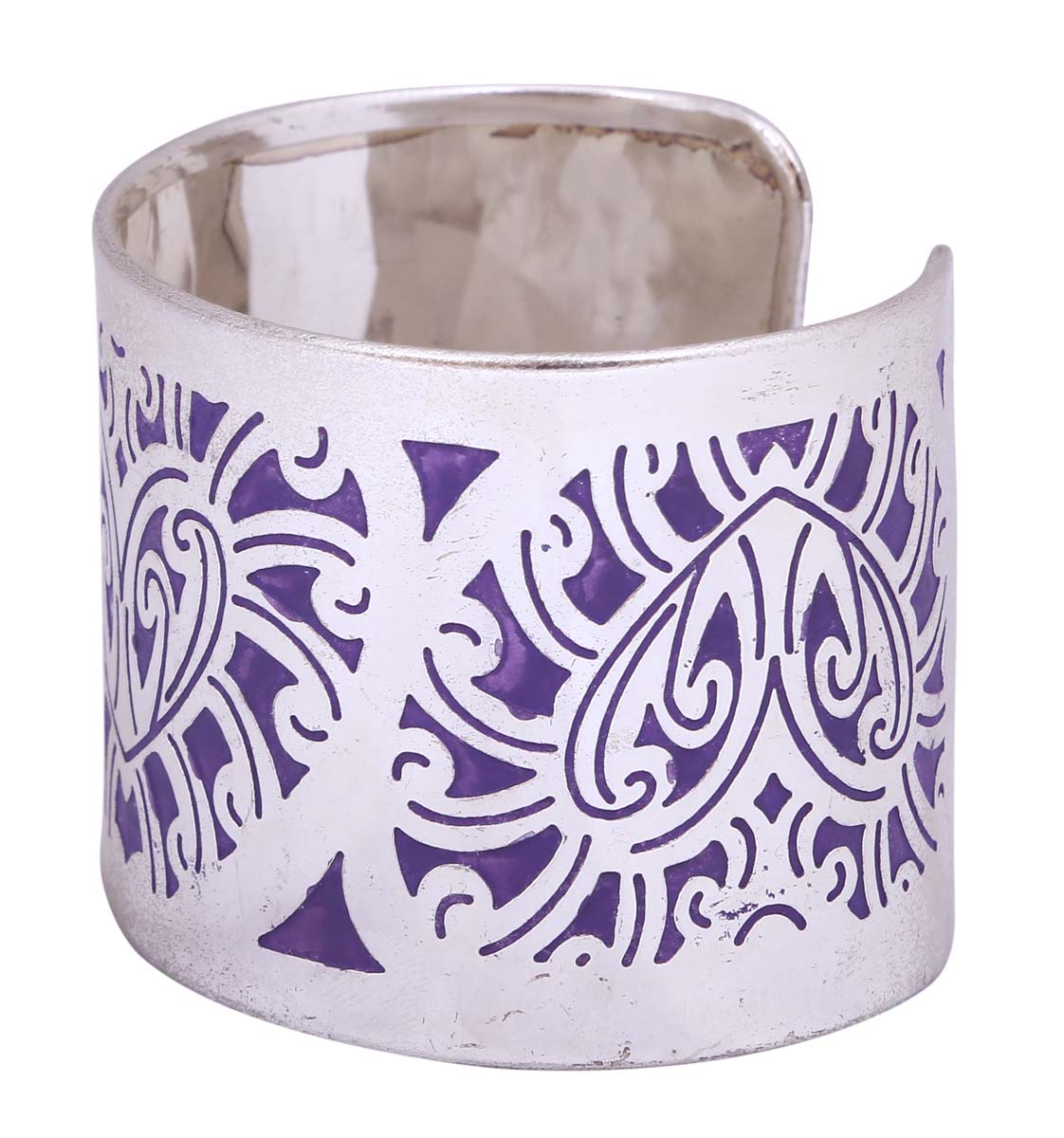 Open End Cuff Metal Bracelet in Bulk - Wholesale Handmade Bracelet/Bangle with Silver Color Finish - Decorated with Purple Abstract Patterns - Antique Look Women Fashion Jewelry & Accessories from India