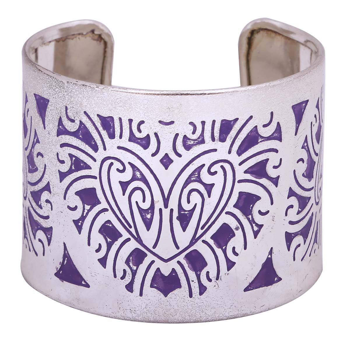 Open End Cuff Metal Bracelet in Bulk - Wholesale Handmade Bracelet/Bangle with Silver Color Finish - Decorated with Purple Abstract Patterns - Antique Look Women Fashion Jewelry & Accessories from India