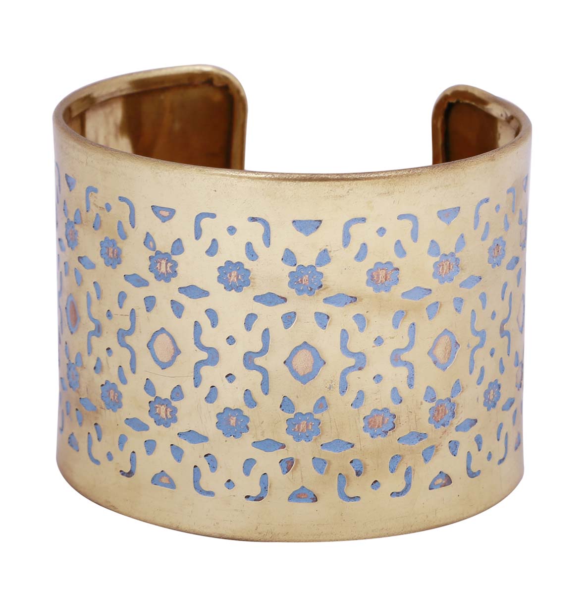 Bulk Wholesale Adjustable Wide Open End Cuff Brass Bracelet - Golden Tone Finish - Decorated with Intricate Patterns in Blue Color - Women Fashion Jewelry & Accessories