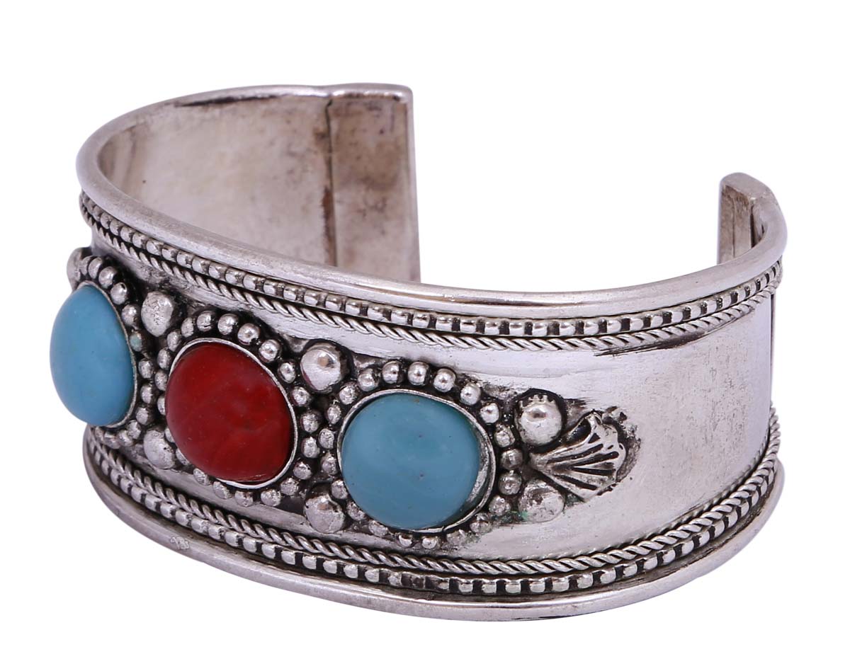 Wholesale Open End Cuff Bracelet/Bangle in Bulk - Wholesale Bracelet/Bangle in Metal with Silver Finish - Decorated with Red & Blue Color Stones - Stylish Women Fashion Jewelry & Accessories