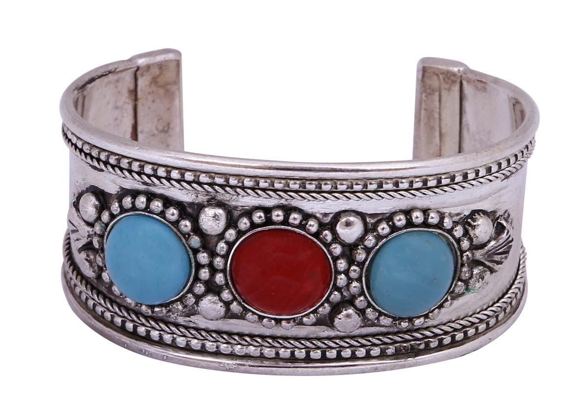 Wholesale Open End Cuff Bracelet/Bangle in Bulk - Wholesale Bracelet/Bangle in Metal with Silver Finish - Decorated with Red & Blue Color Stones - Stylish Women Fashion Jewelry & Accessories