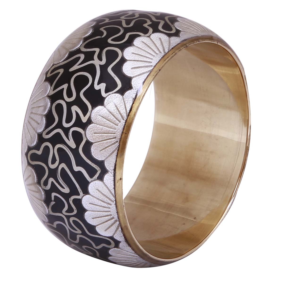 Broad Metal Bangle in Bulk - Wholesale Metal Bangle with Silver Patterns on a Black Base on the Outer Side & Golden Finish on the Inner Side - Stylish Women Fashion Jewelry & Accessories