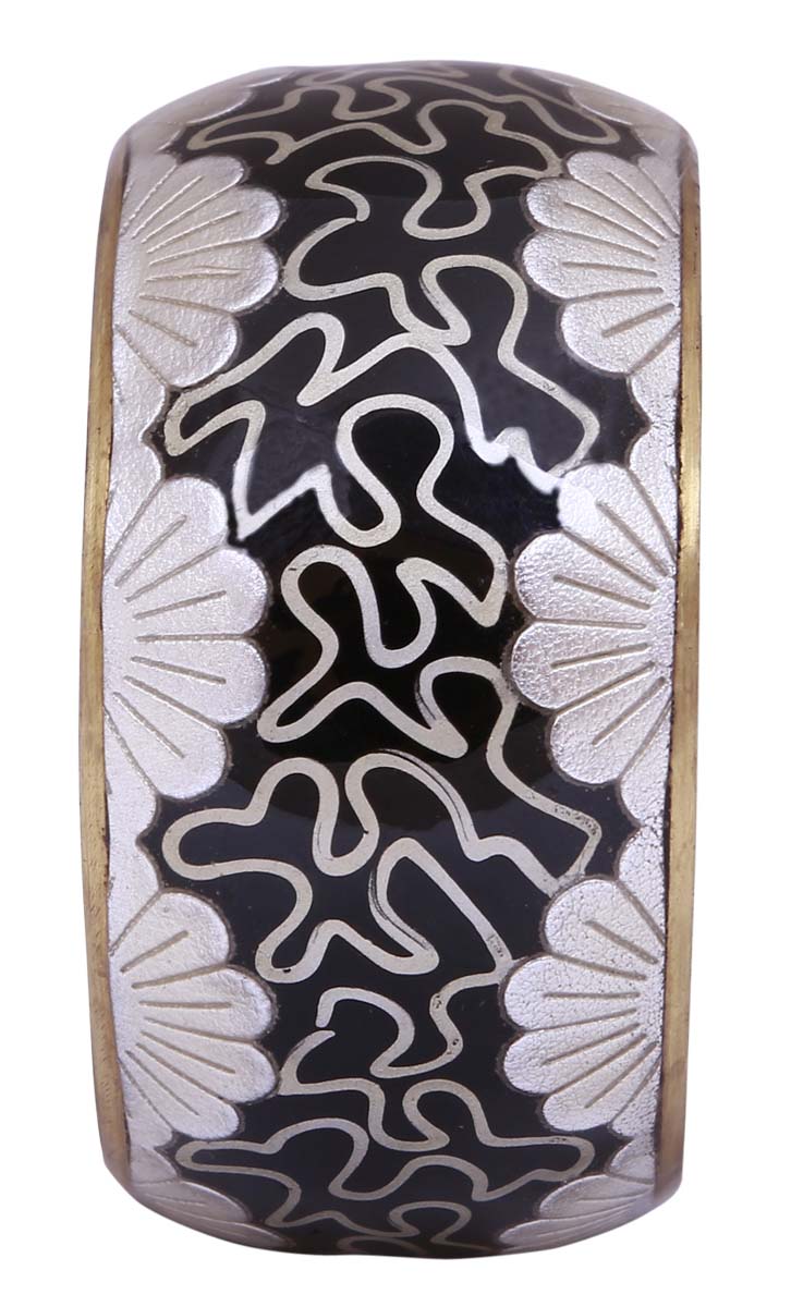 Broad Metal Bangle in Bulk - Wholesale Metal Bangle with Silver Patterns on a Black Base on the Outer Side & Golden Finish on the Inner Side - Stylish Women Fashion Jewelry & Accessories