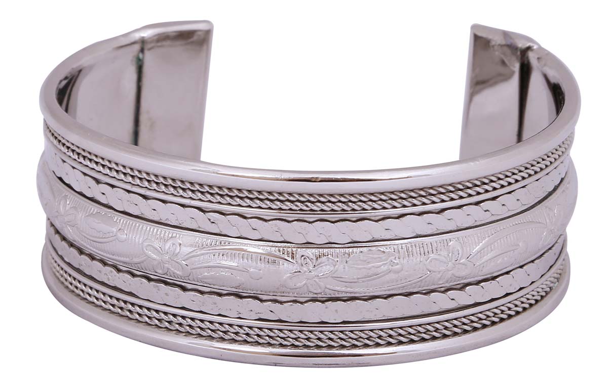 Source Open End Cuff Brass Bracelet with Silver Color Finish in Bulk - Wholesale Metal Bracelet/Bangle Designed with Intricate & Floral Patterns - Women Fashion Jewelry & Accessories
