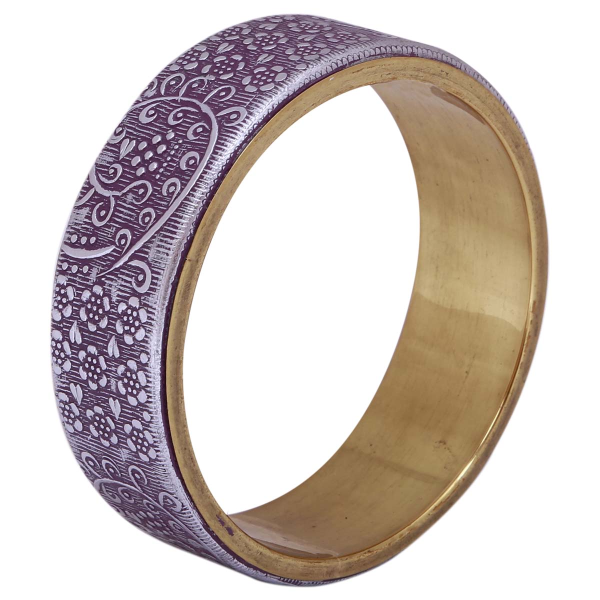 Source Metal Bangle in Bulk - Wholesale Handmade Metal Bangle with Purple Color on the Outer Side & Golden Finish on the Inner Side Decorated with Intricate Floral Patterns - Women Fashion Jewelry & Accessories