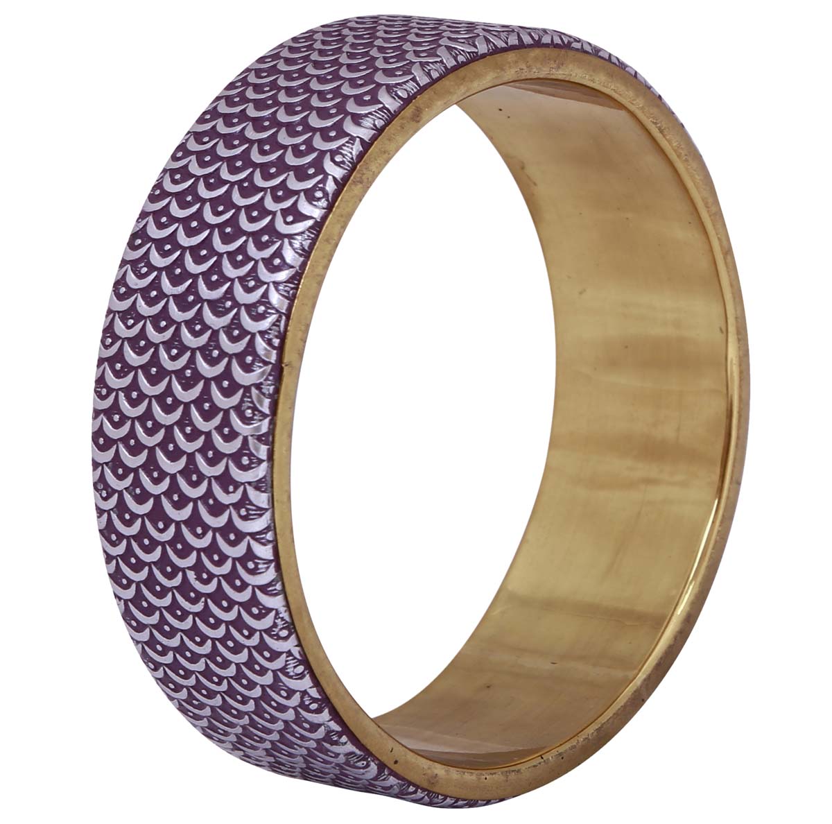 Bulk Wholesale Round Metal Bangle - Wholesale Handmade Metal Bangle with Purple Color on the Outer Side & Golden Finish on the Inner Side - Decorated with Half-Moon Patterns - Women Fashion Jewelry & Accessories from India
