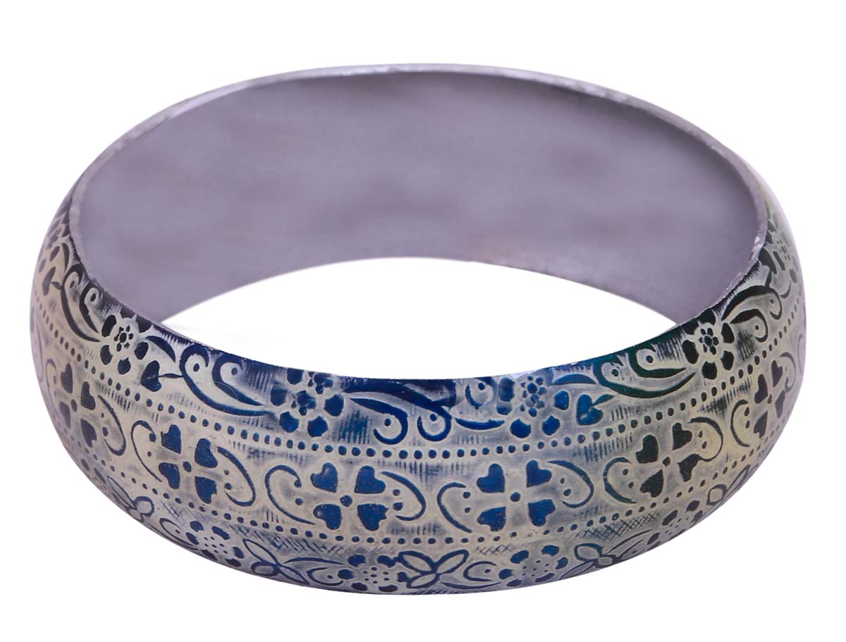 Antique-Look Broad Metal Bangle/Bracelet in Bulk - Wholesale Bangle/Bracelet in Blue & White Color - Heart-Shaped & Floral Patterns - Stylish Women Fashion Jewelry & Accessories