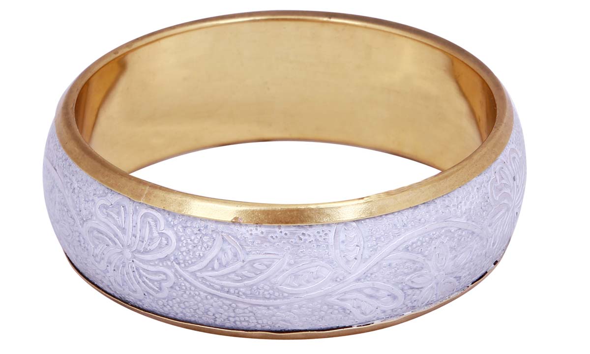 Bulk Wholesale Round Metal Bangle - Wholesale Handmade Metal Bangle with Light-Purple Color on the Outer Side & Golden Finish on the Inner Side - Decorated with Intricate Floral Patterns - Women Fashion Jewelry & Accessories from India