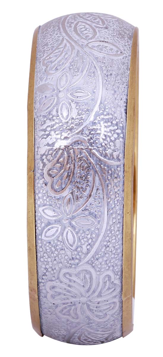 Bulk Wholesale Round Metal Bangle - Wholesale Handmade Metal Bangle with Light-Purple Color on the Outer Side & Golden Finish on the Inner Side - Decorated with Intricate Floral Patterns - Women Fashion Jewelry & Accessories from India