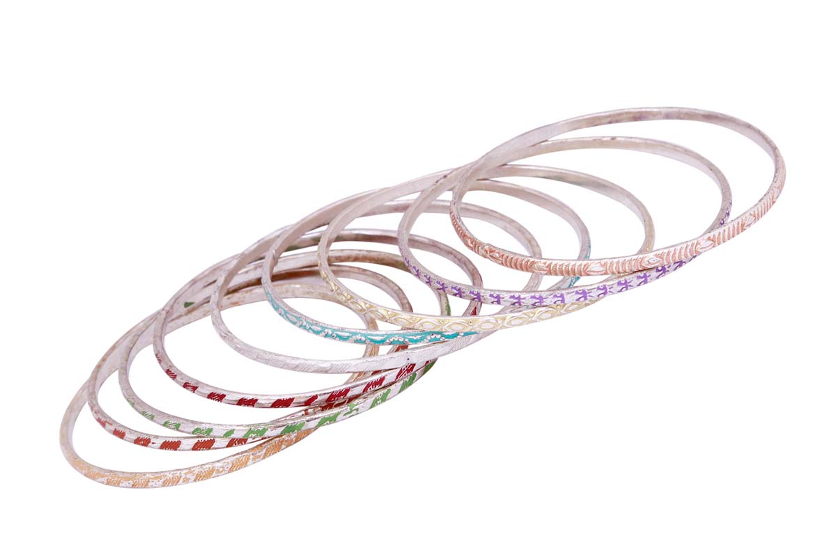 Bulk Wholesale Handmade Set of 9 Multicolored Bangles in Metal with Silver Finish – Decorated with Intricate Patterns – Stylish Jewelry / Fashion Accessories
