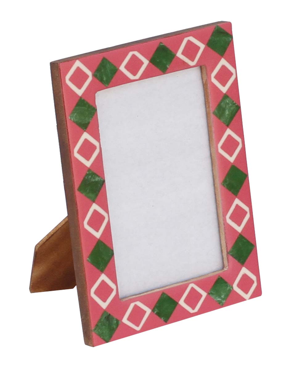 Bulk Buy Rectangular 4x6 Pink Photo/Picture Frame Adorned with Green & White Diamond Patterns - Table-Top Accessories - Wholesale Home Decor Picture Frame from India