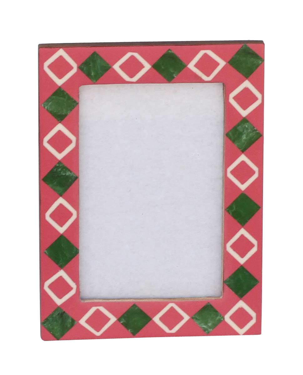 Bulk Buy Rectangular 4x6 Pink Photo/Picture Frame Adorned with Green & White Diamond Patterns - Table-Top Accessories - Wholesale Home Decor Picture Frame from India