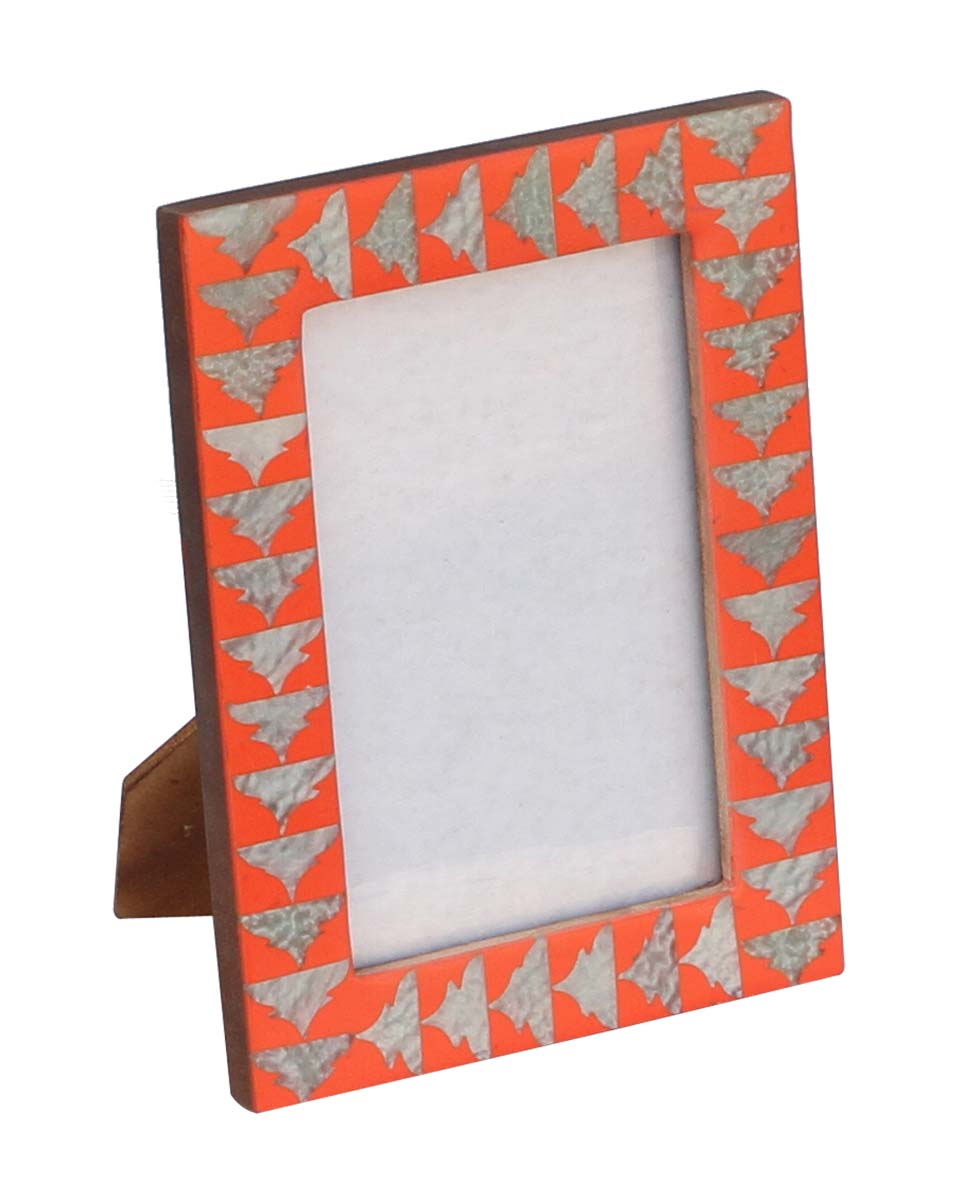 Bulk Buy Rectangular 4x6 Orange Photo/Picture Frame Adorned with Marble-Look Traditional Motifs in MDF & Acrylic - Table-Top Accessories - Wholesale Home Decor Picture Frame from India