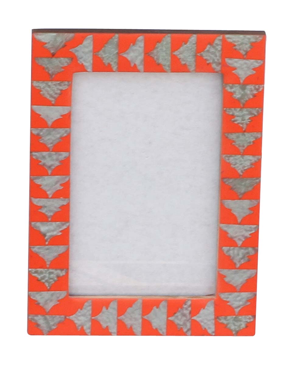 Bulk Buy Rectangular 4x6 Orange Photo/Picture Frame Adorned with Marble-Look Traditional Motifs in MDF & Acrylic - Table-Top Accessories - Wholesale Home Decor Picture Frame from India