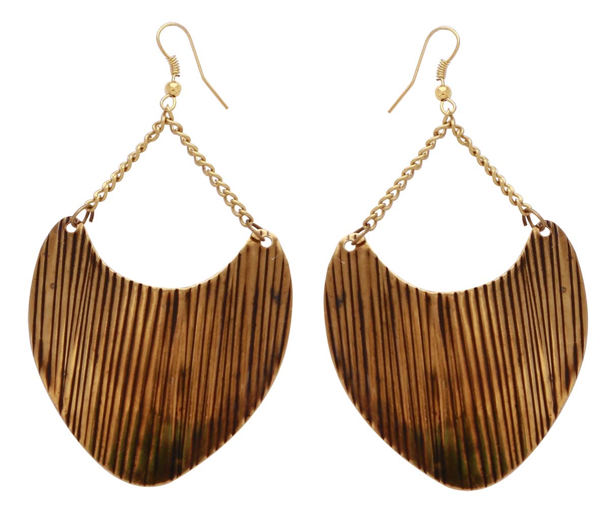 Wholesale Brass Shield Shape Earrings in Bulk - Handmade Drop Earrings with Ribbed Pattern Finished in Dull Golden Color - Women Fashion Accessories & Supplies