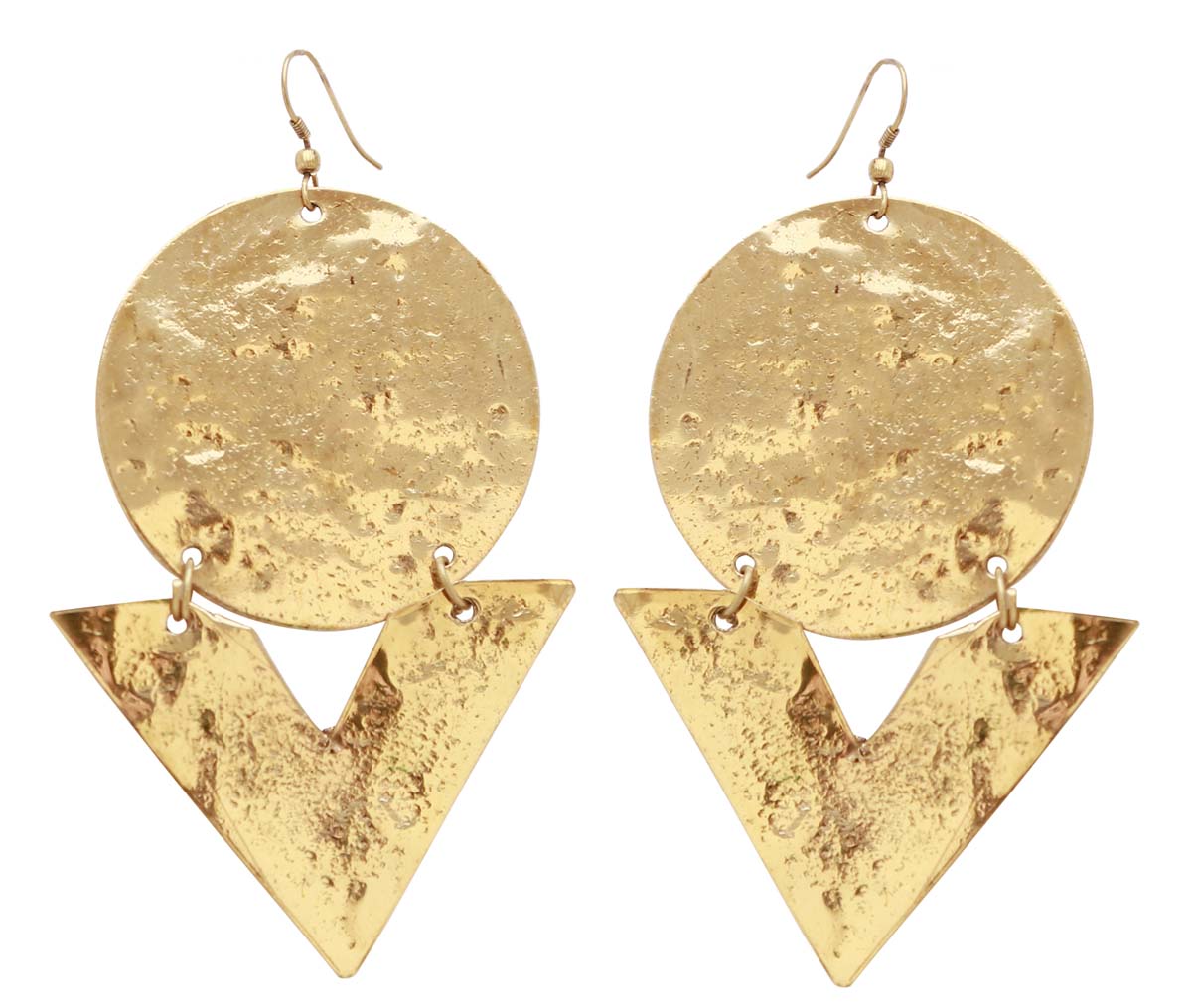 Wholesale Pair of Double Drop Brass Hanging Earrings - Round and V-Shaped - Golden-Tone - Hammered & Textured - Buy Bulk Women Fashion Jewelry & Accessories