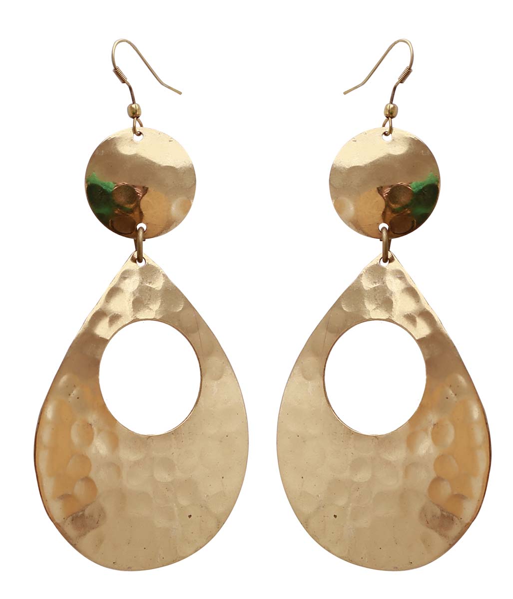 Wholesale Metal Golden Color Hanging Earrings in Bulk - Handmade Dangle/Drop Earrings with Hammered Effect - Designed with Circle & Drop Shaped Patterns - Fashion Women Jewelry & Accessories