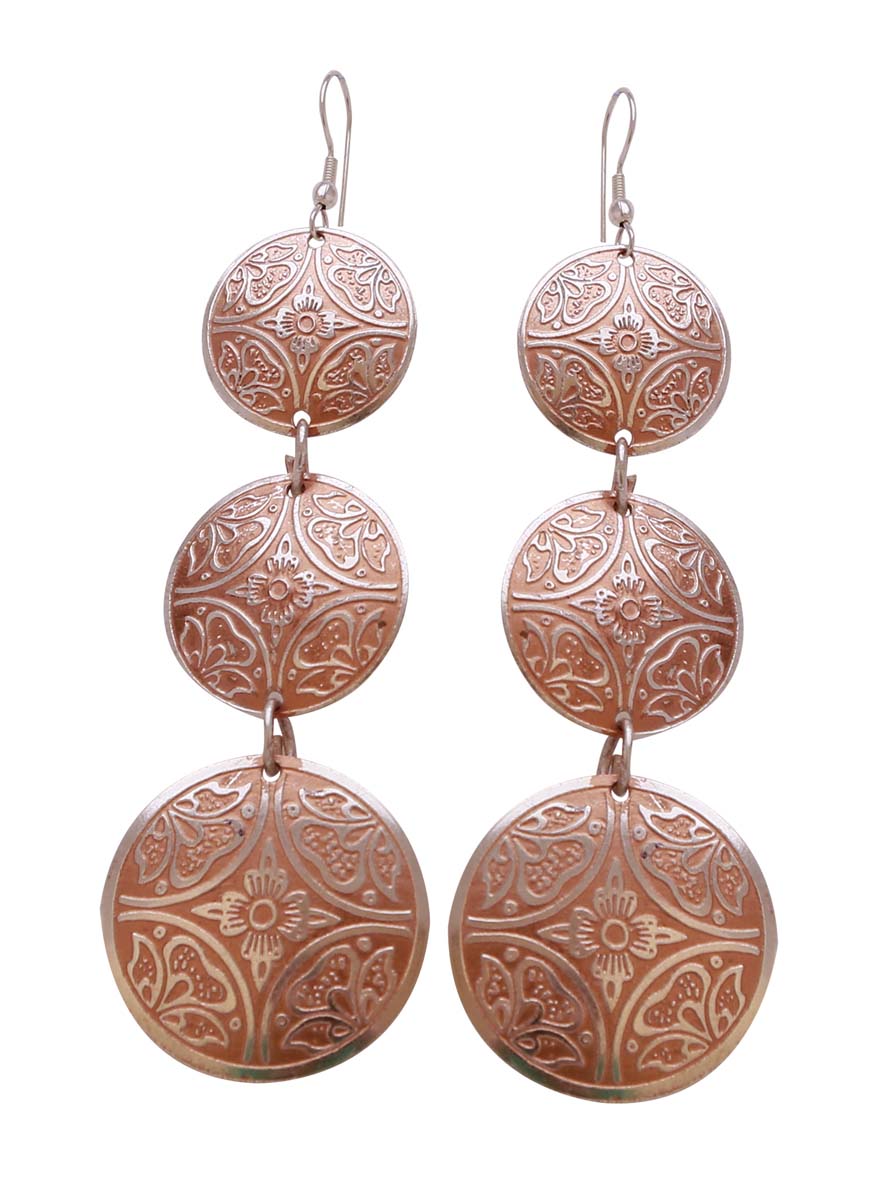 Wholesale Pair of Triple Drop Stacking Brass Earrings - Small Medium & Large Round Discs - Botanical Motifs - Soft Pink & Silver-Tone - Buy Bulk Women Fashion Jewelry & Accessories